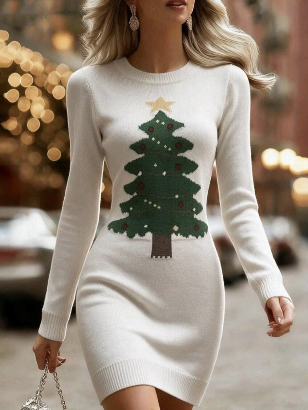 Christmas Tree Bow Jacquard Knit Mini Dress Crew Neck Long Sleeve Holiday Sweate